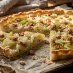 Cette tarte fine aux poireaux et lardons sans crème croustille en 20 minutes