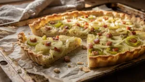 Cette tarte fine aux poireaux et lardons sans crème croustille en 20 minutes