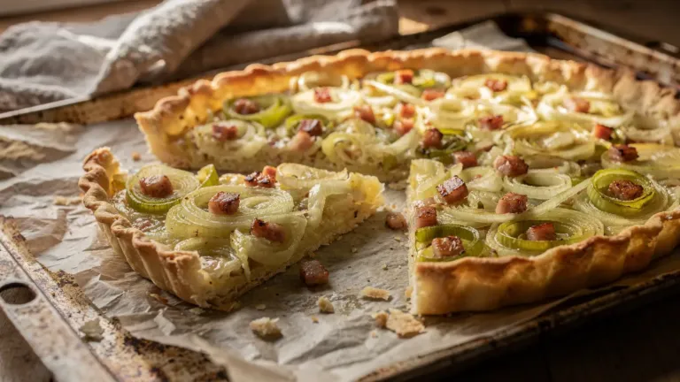 Cette tarte fine aux poireaux et lardons sans crème croustille en 20 minutes Cette tarte fine aux poireaux et lardons sans crème croustille en 20 minutes