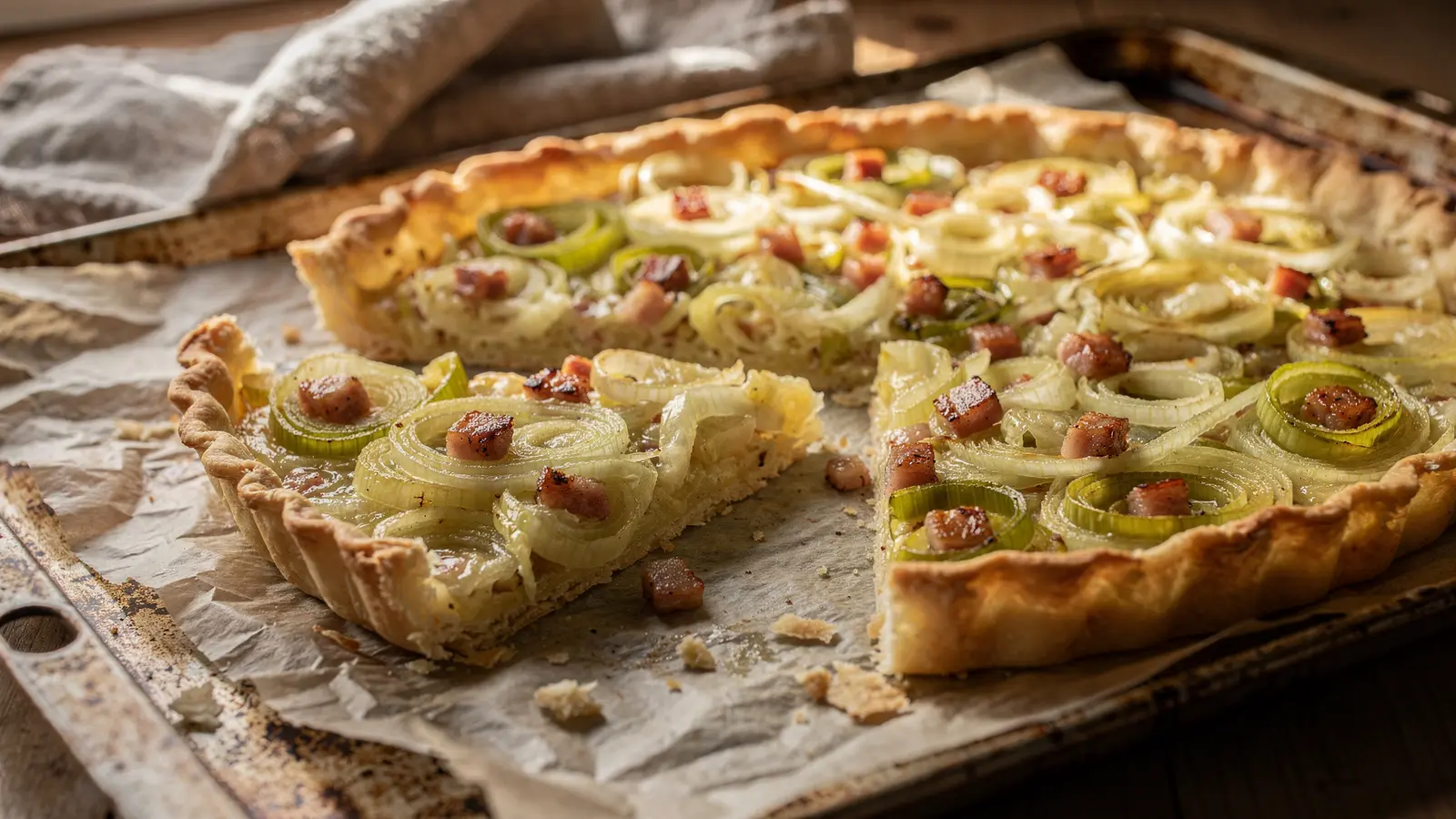 Cette tarte fine aux poireaux et lardons sans crème croustille en 20 minutes
