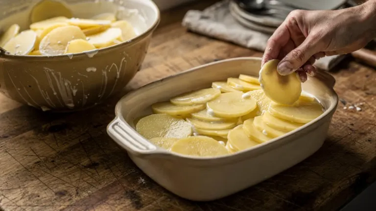 Gratin dauphinois : enrobez les rondelles de crème avant de les disposer dans le plat