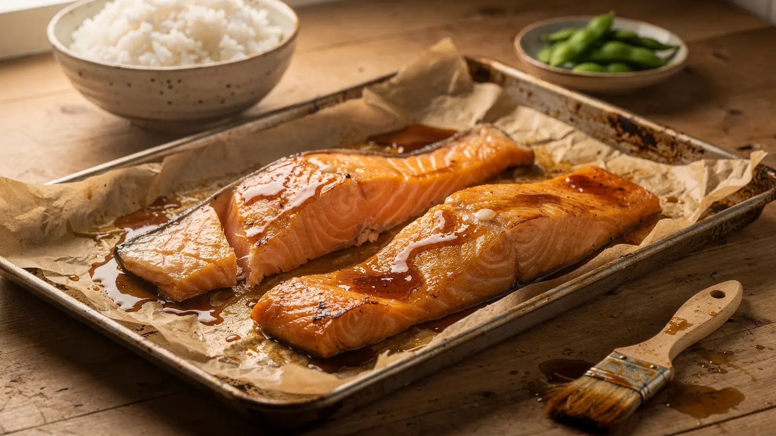 Saumon au four : une laque au miso, mirin et sauce soja pour remplacer la crème Saumon au four : une laque au miso, mirin et sauce soja pour remplacer la crème
