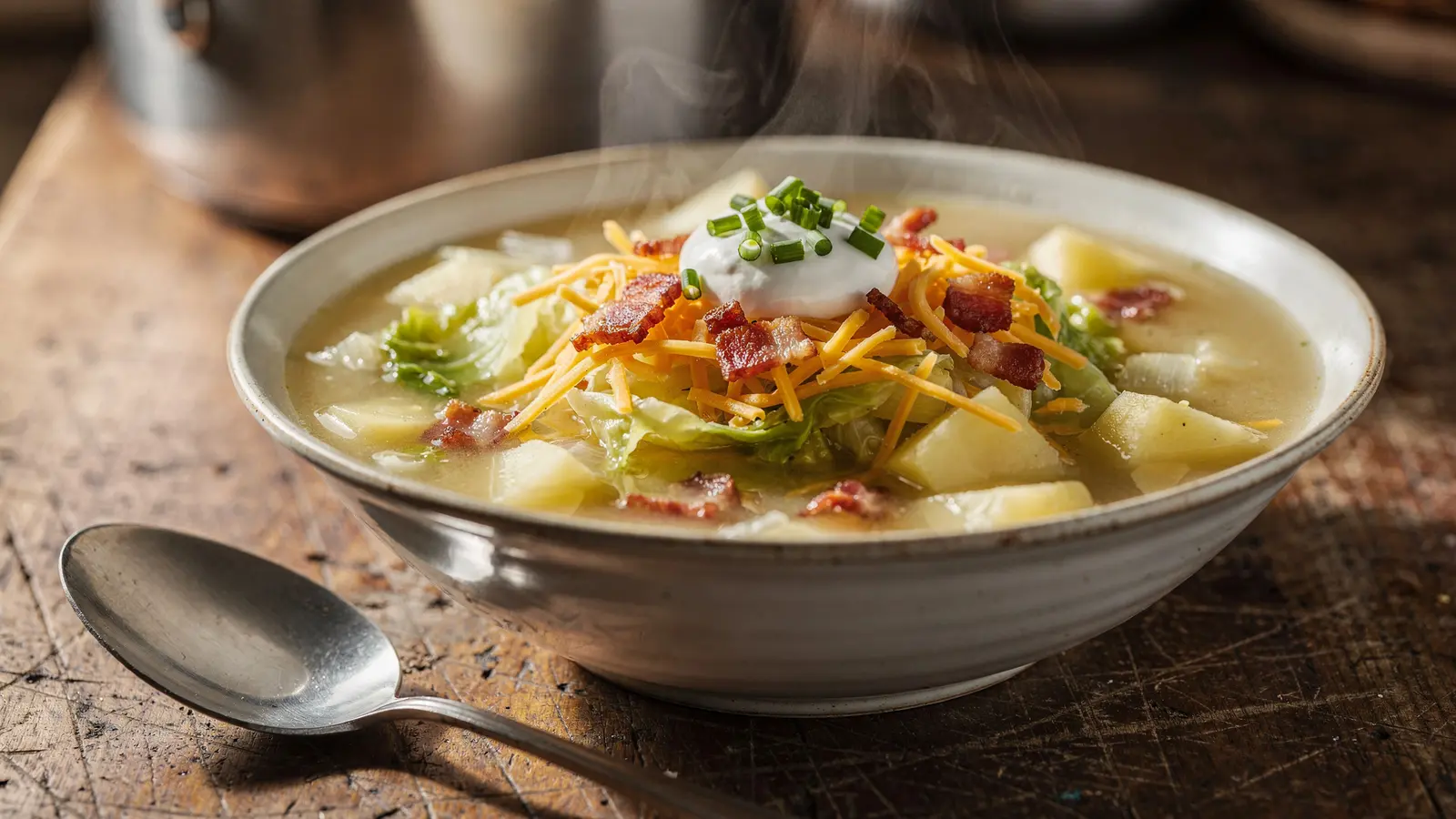 Soupe au chou et aux pommes de terre : une recette garnie de cheddar et de bacon Soupe au chou et aux pommes de terre : une recette garnie de cheddar et de bacon