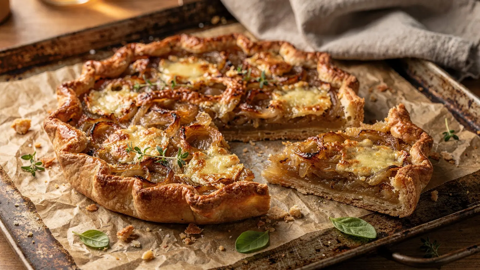 Tarte rustique aux oignons caramélisés et au comté : une recette sans moule Tarte rustique aux oignons caramélisés et au comté : une recette sans moule