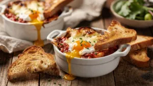Œufs cocotte à la tomate et au fromage : une recette au four à servir avec des mouillettes