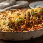 Un gratin de chou au bœuf haché, haricots noirs et maïs sous une croûte de fromage