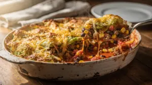 Un gratin de chou au bœuf haché, haricots noirs et maïs sous une croûte de fromage