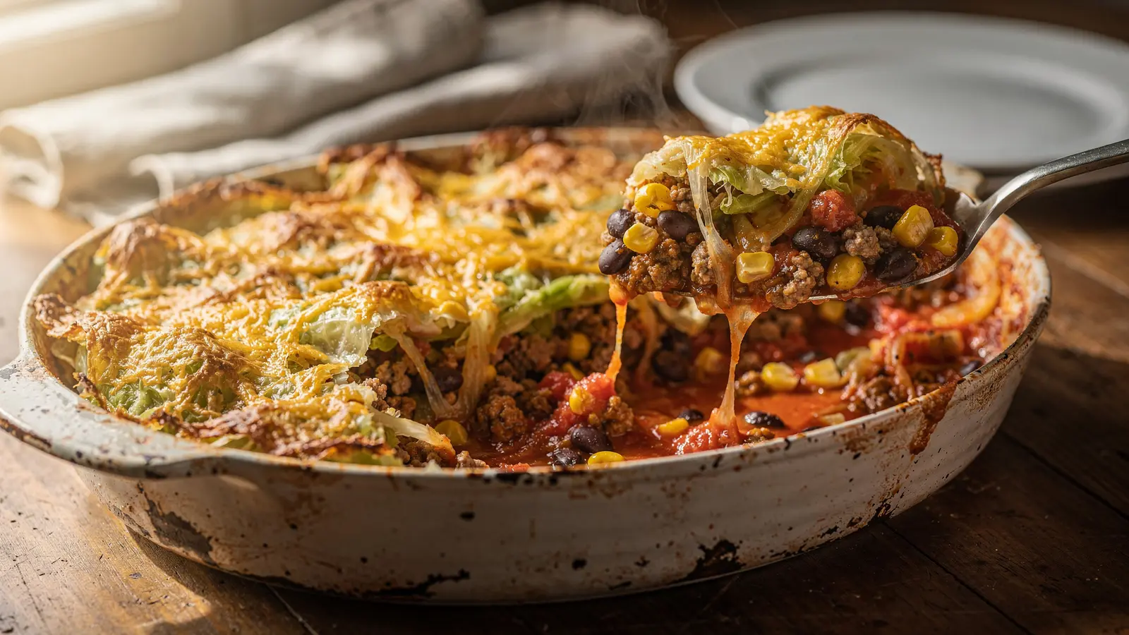 Un gratin de chou au bœuf haché, haricots noirs et maïs sous une croûte de fromage Un gratin de chou au bœuf haché, haricots noirs et maïs sous une croûte de fromage