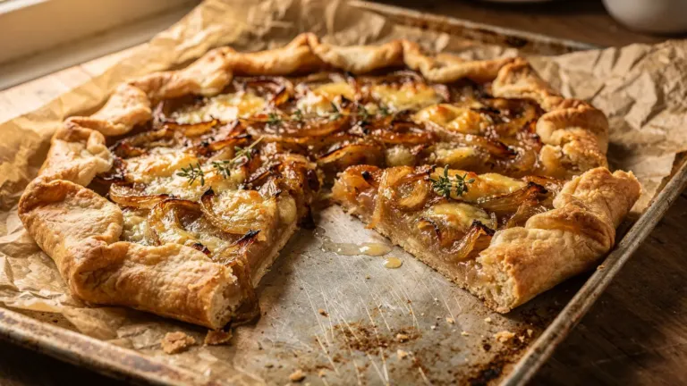 Une tarte rustique aux oignons caramélisés et au comté, à préparer sans moule Une tarte rustique aux oignons caramélisés et au comté, à préparer sans moule